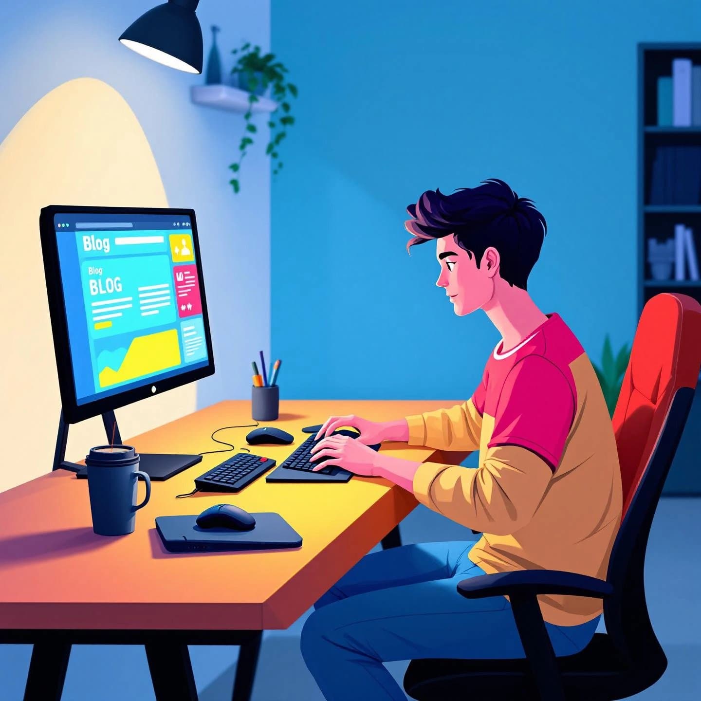 a gamer creating a gaming blog in a modern workspace