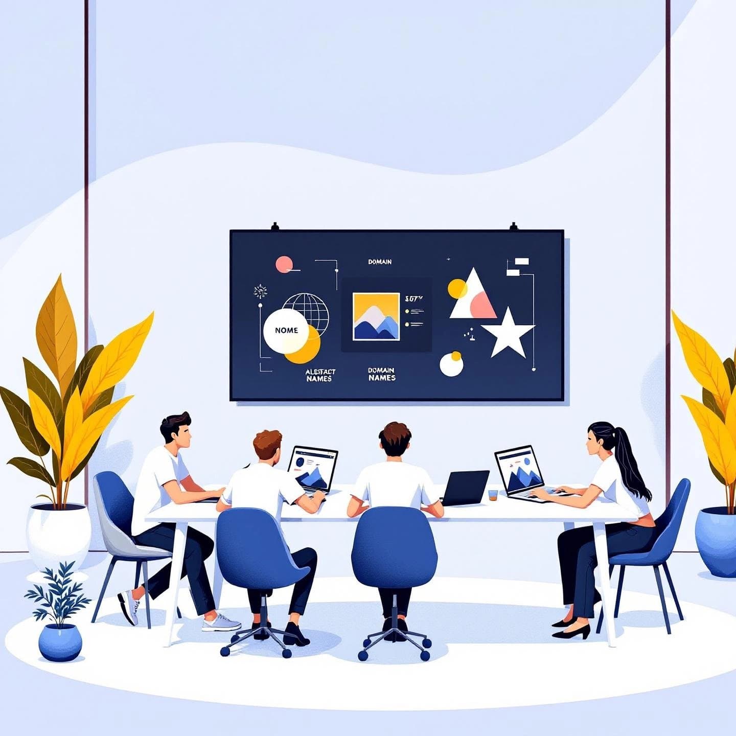 creative team brainstorming domain name ideas for a new online brand