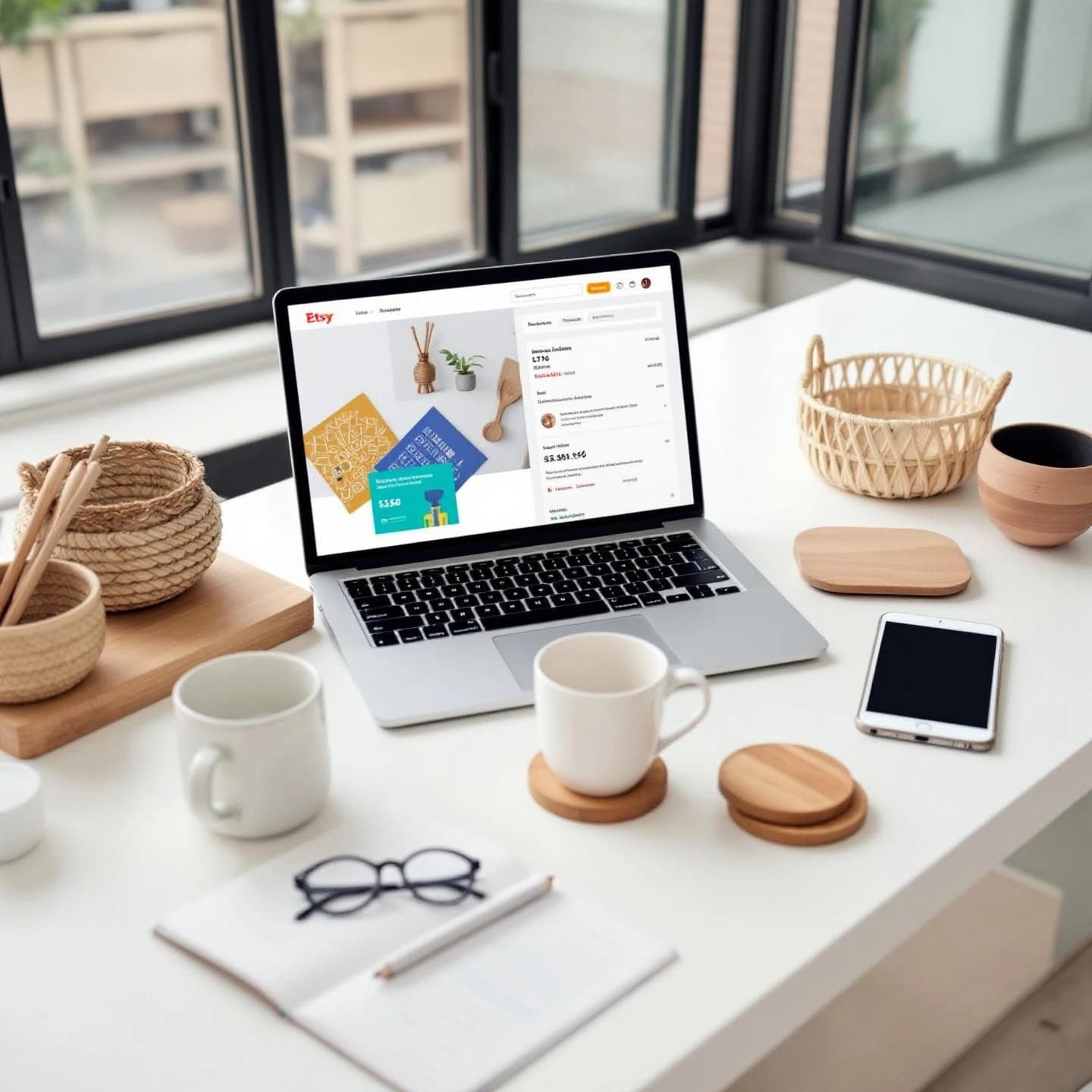 etsy seller workspace with digital tools for tag optimization