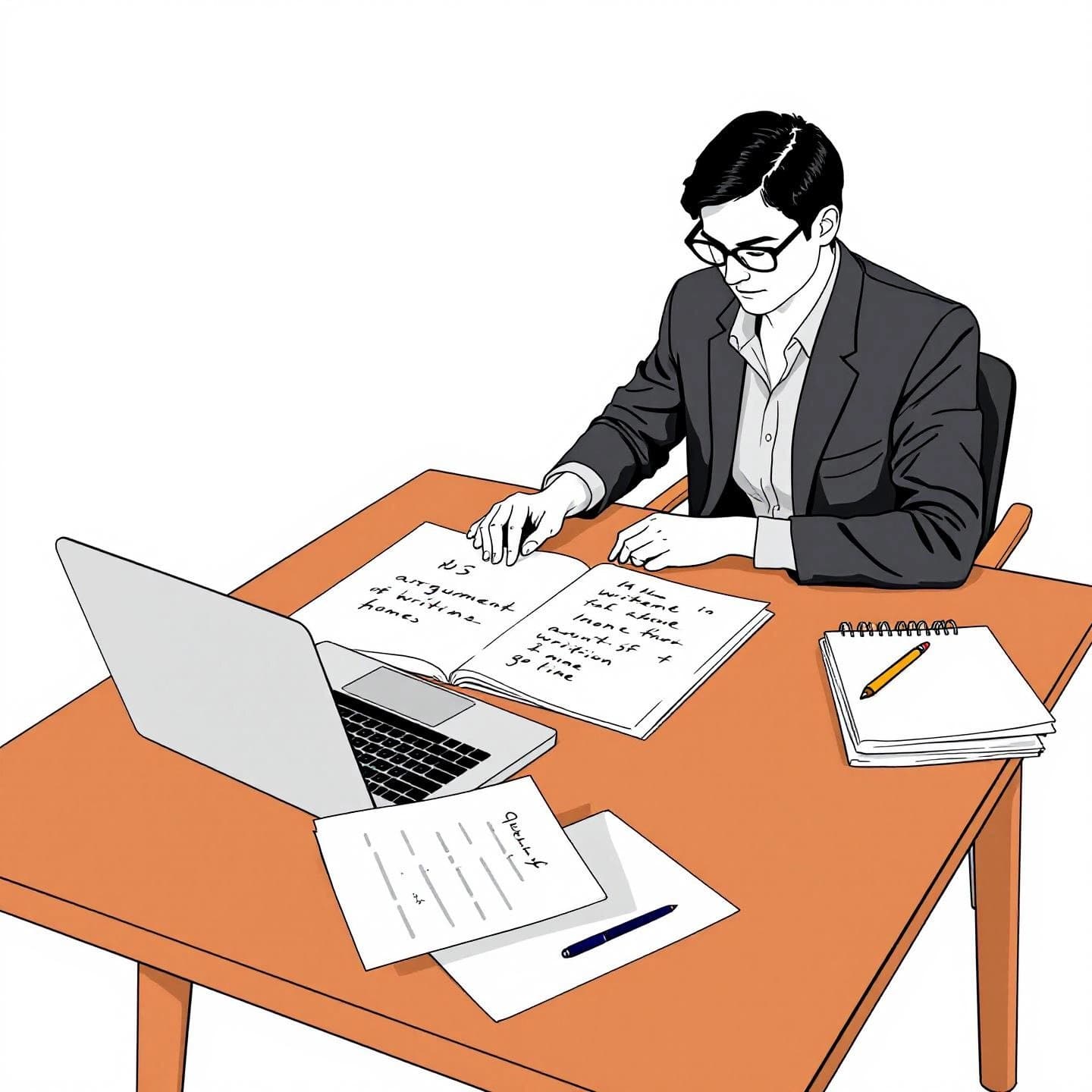 illustration of a writer organizing ideas for an argumentative essay at a desk