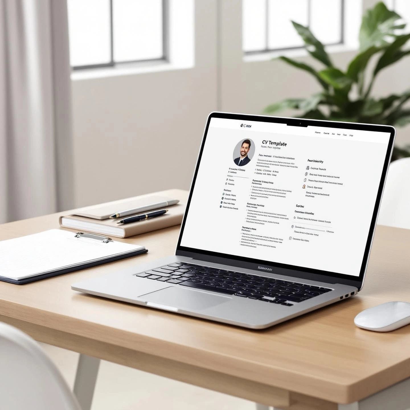 professional workspace with a cv template displayed on a laptop